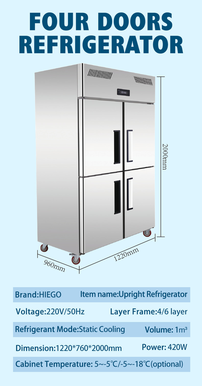 肉4ドアのための1000Lステンレス鋼のフリーザーは冷却の縦の台所冷却装置に送風する 0
