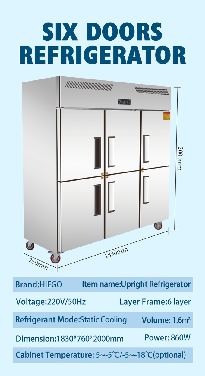 肉4ドアのための1000Lステンレス鋼のフリーザーは冷却の縦の台所冷却装置に送風する 10